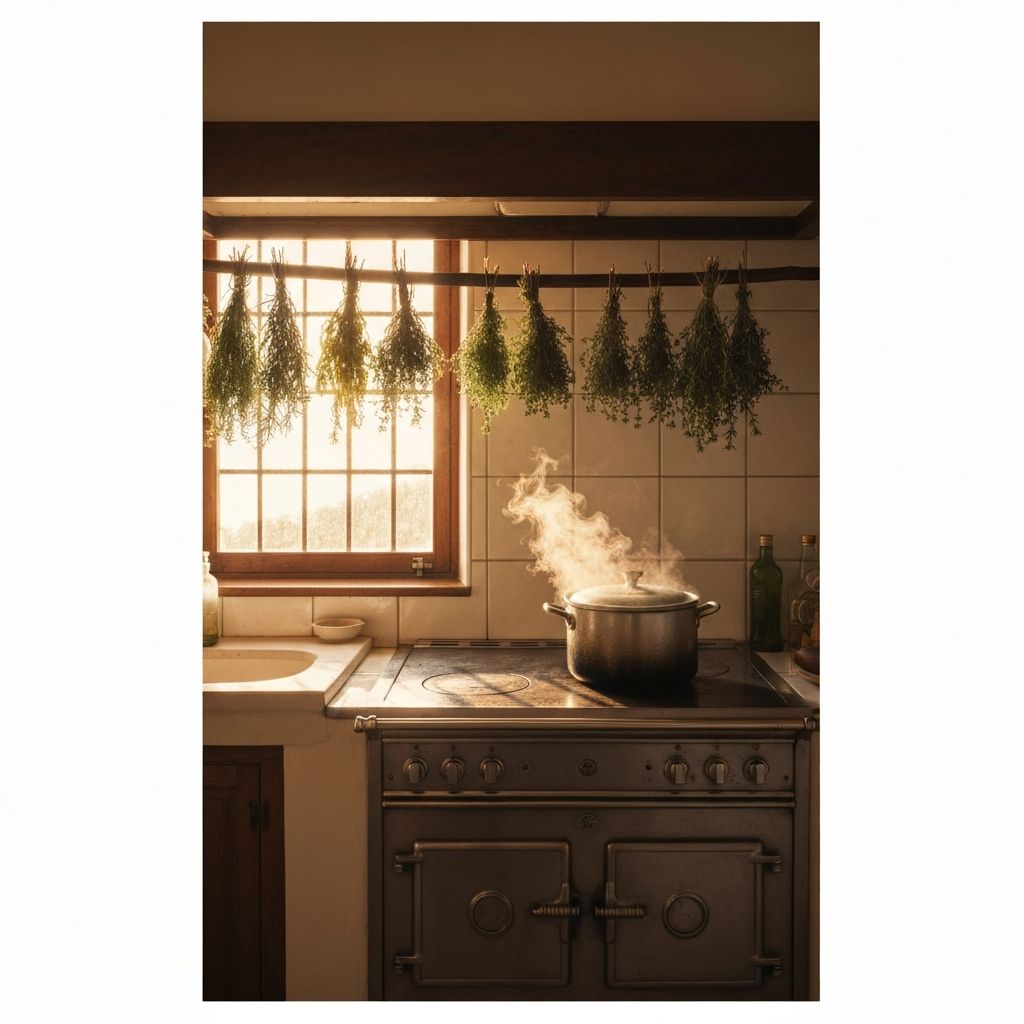 Cozinha ao entardecer com luz dourada